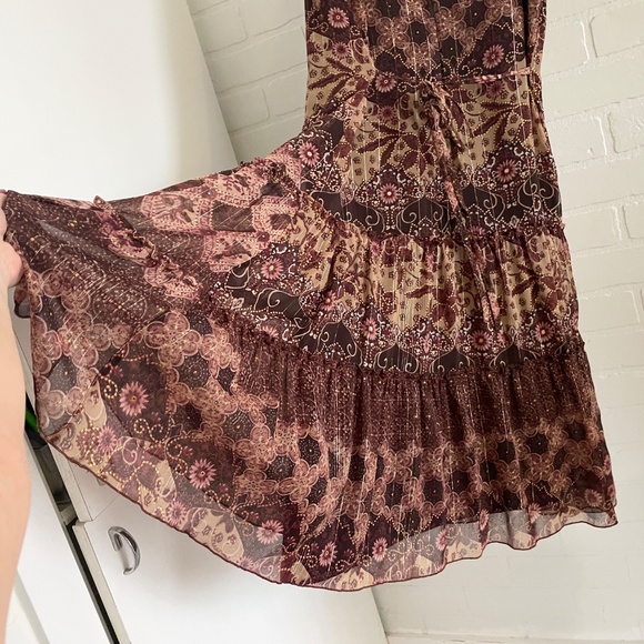 Vintage Y2K 90s midi dress Tiered Boho Burgundy Metallic Mixed print Sz 15 - Picture 14 of 15